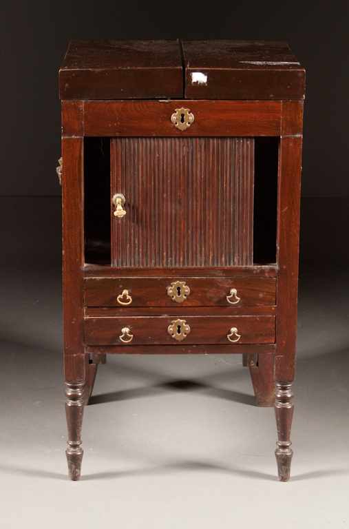 Appraisal: George III mahogany beau brummel circa lift top revealing ironstone