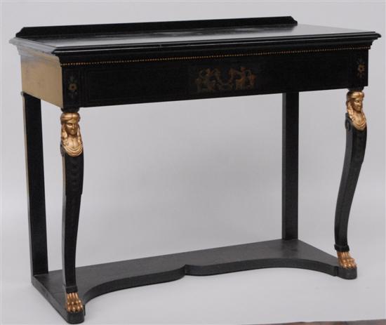 Appraisal: EBONIZED SERVER With single long apron drawer the curved front