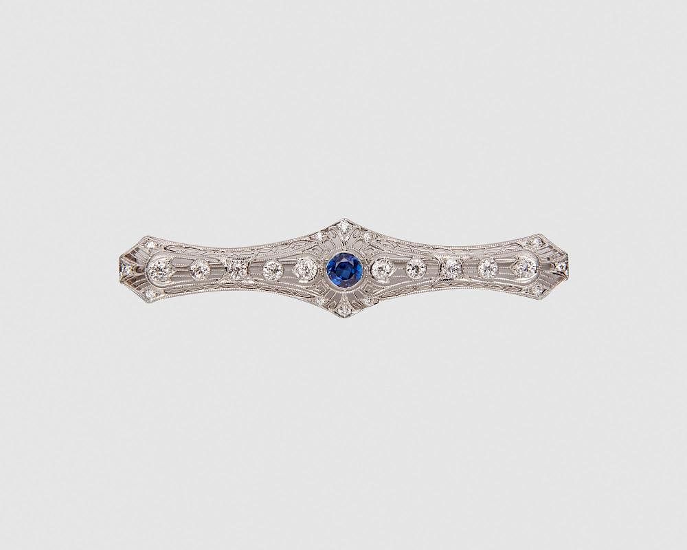 Appraisal: Platinum Sapphire and Diamond Bar Brooch Platinum Sapphire and Diamond