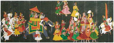 Appraisal: Indian painting pigment on canvas royal procession with rajah and