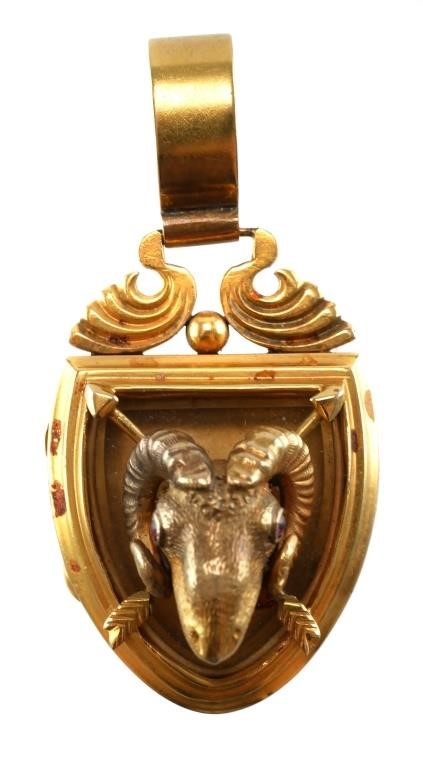 Appraisal: Antique K yellow gold locket pendant of a rams head