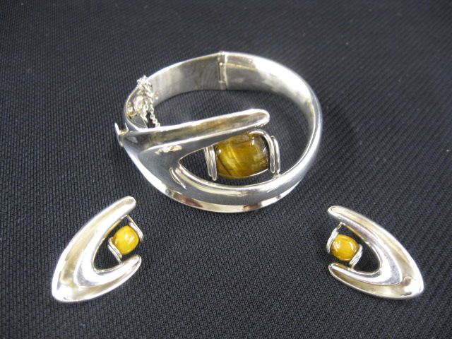 Appraisal: Sigi Peneda Mexico Sterling Silver Bracelet Earrings mid-century modern tigereye