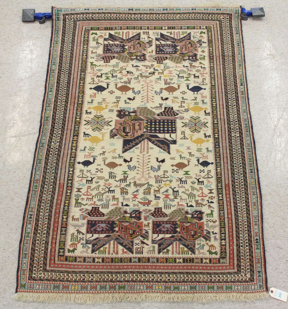 Appraisal: TURKISH SOUMAK FLATWEAVE WALL RUG WITH HANGER BAR geometric elements