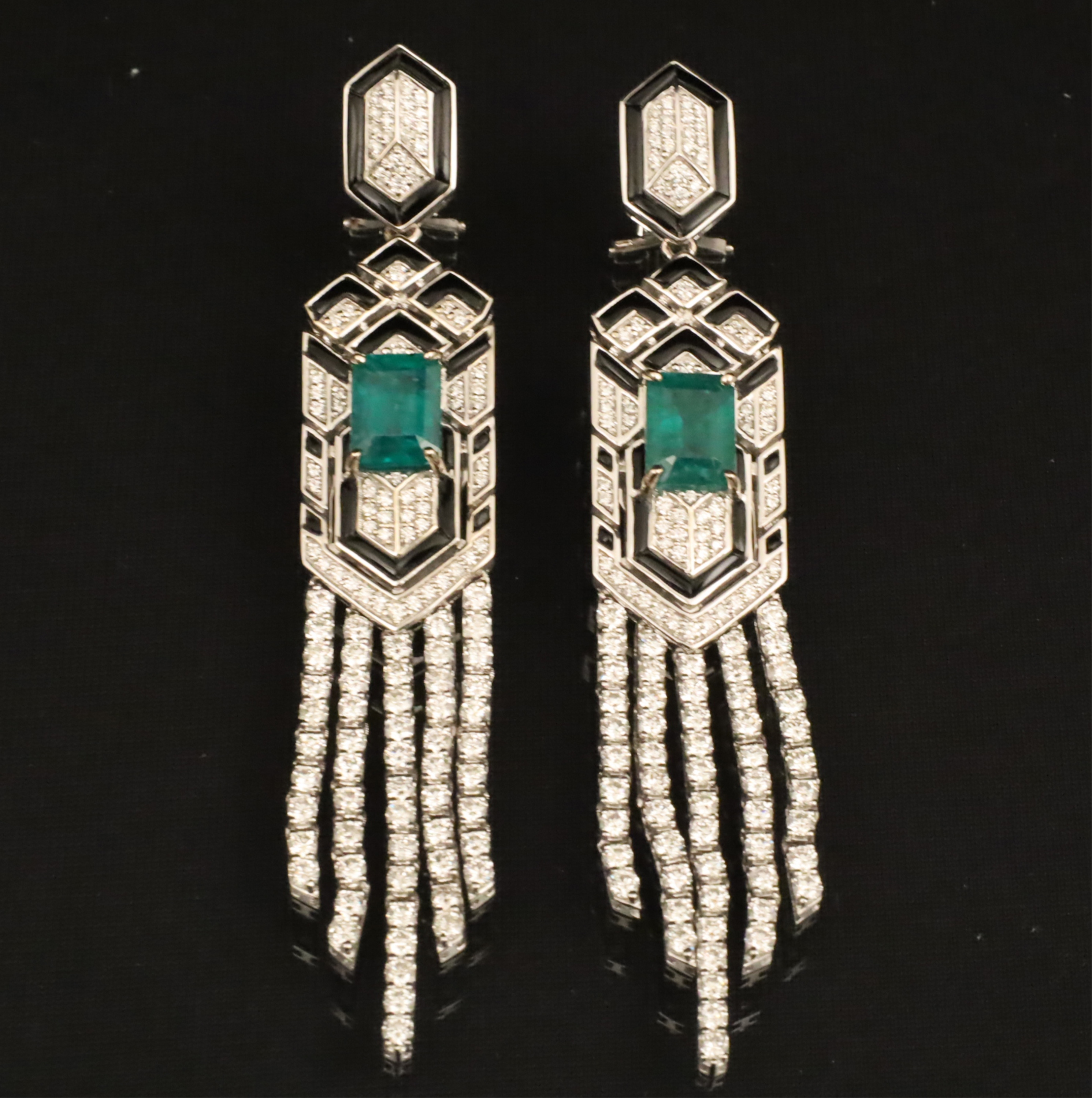 Appraisal: K DECO STYLE DIA EMERALD ENAMEL EARRINGS Pair of K