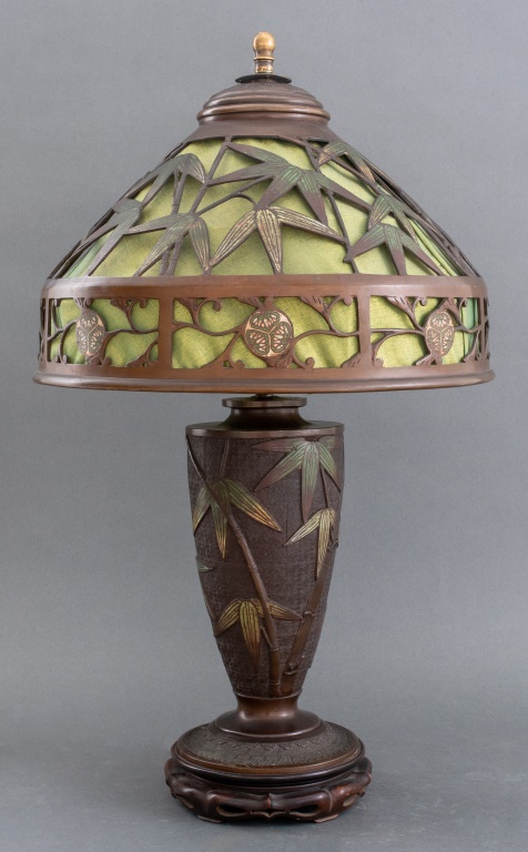 Appraisal: JAPANESE DECO RUBBED BRONZE CLOISONNE SHADED LAMP Japanese Art Deco