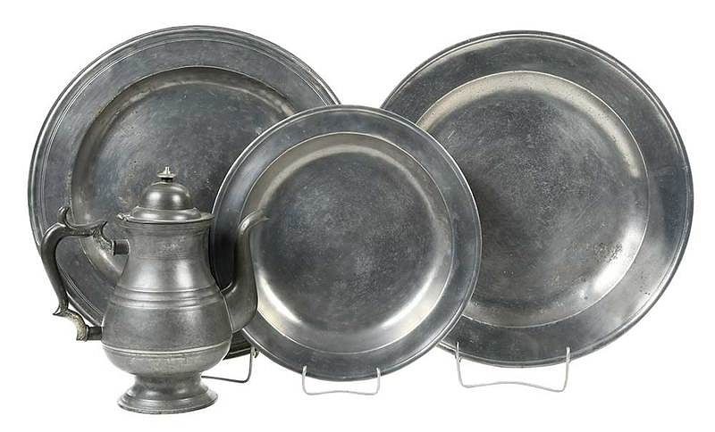 Appraisal: Four American Southern Pewter Objects American th century comprising basin