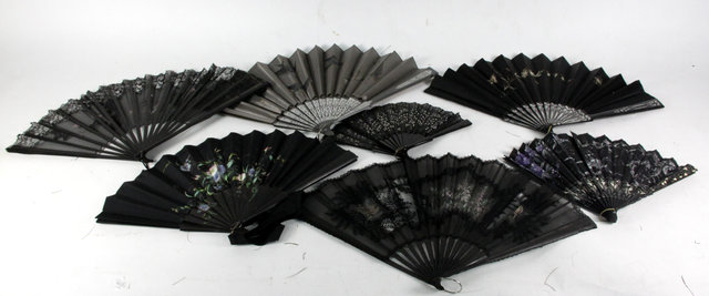 Appraisal: Six painted and lace fans with black sticks