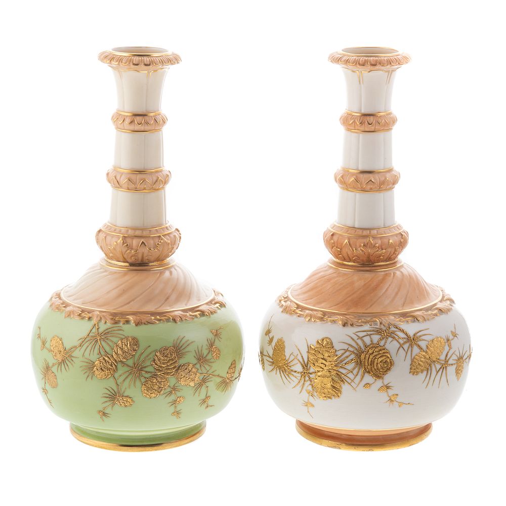 Appraisal: Near Pair Locke Worcester Bottle Vases Circa with raised gilt