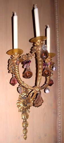 Appraisal: Title Pair of Bronze-Dore Candle Wall Sconces with bellflower pendants