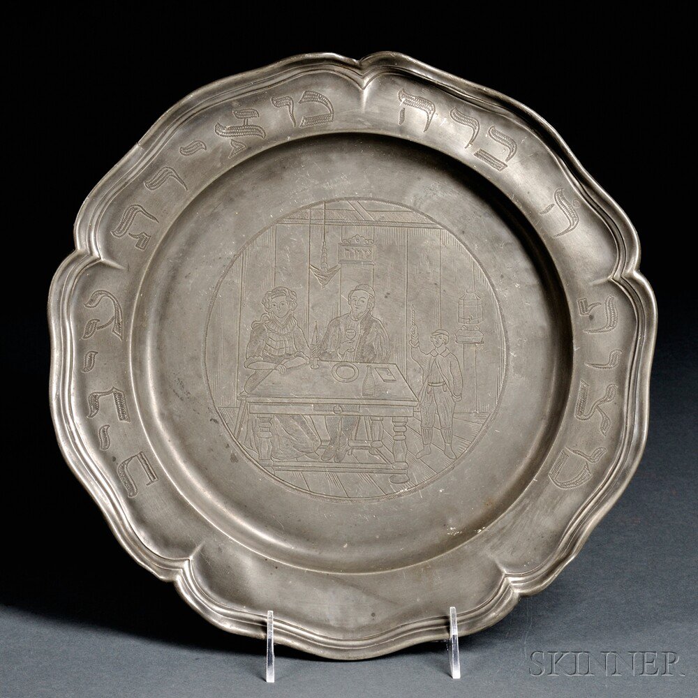 Appraisal: German Pewter Plate with a Havdalah Scene scalloped rim with