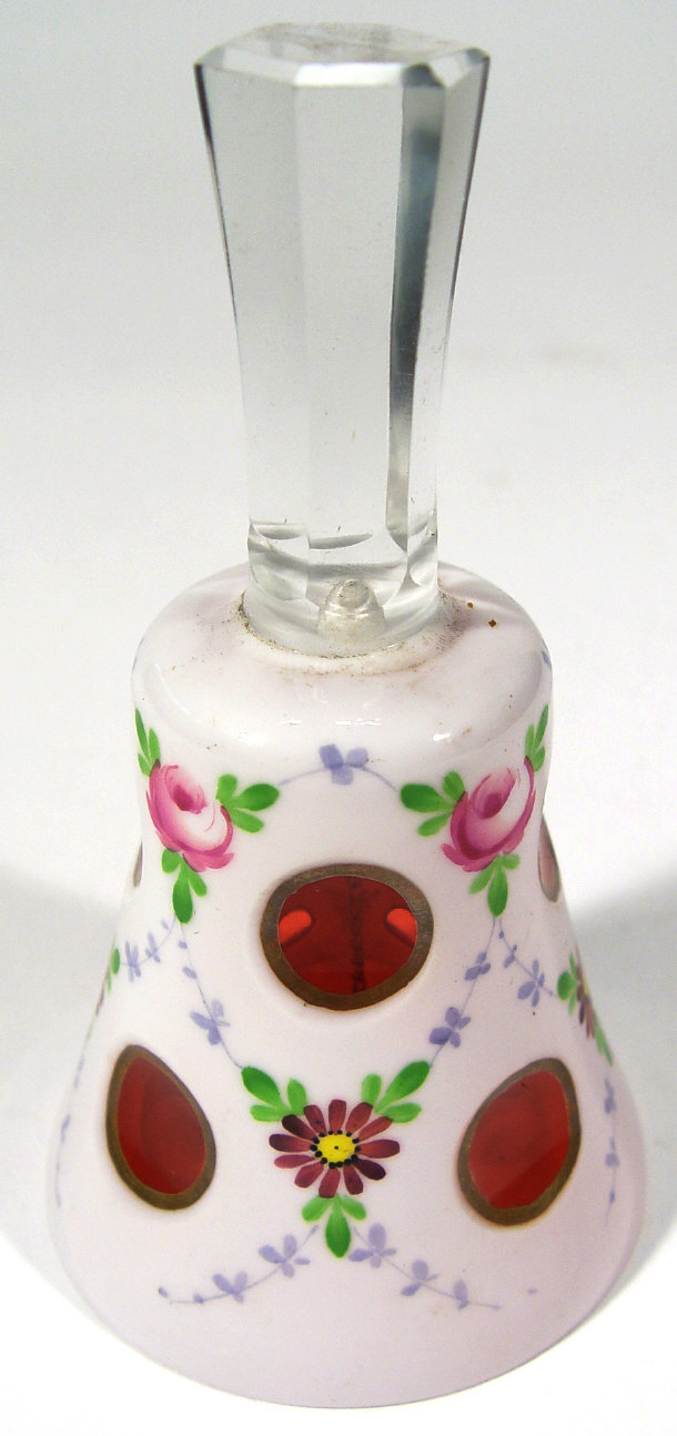 Appraisal: Bohemian white flashed cranberry glass bell painted with flowers cm