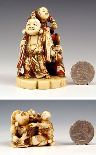 Appraisal: JAPANESE CARVED IVORY MULTI FIGURE NETSUKES Painted man figure with