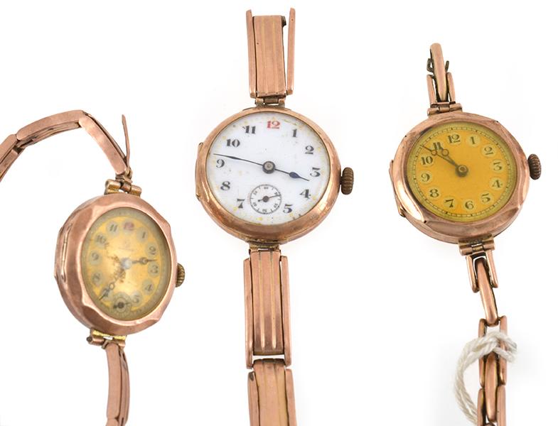 Appraisal: THREE CT GOLD WRISTWATCHES TO GOLD BANDS ALL FAULTS