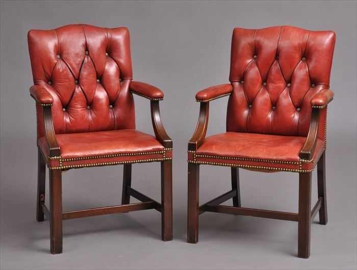 Appraisal: PAIR OF GEORGE III-STYLE MAHOGANY LEATHER-UPHOLSTERED LIBRARY ARMCHAIRS Each with