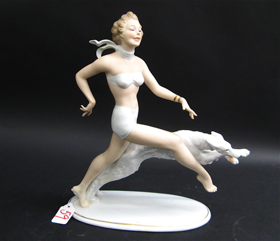 Appraisal: GERMAN WALLENDORF PORCELAIN FIGURINE Art Deco style female in bathing