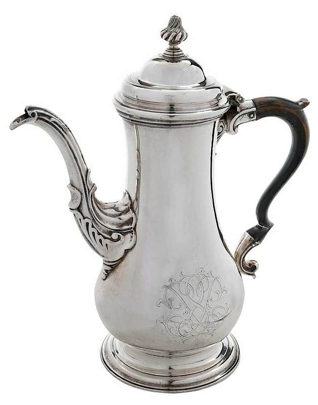 Appraisal: George III English Silver Coffee Pot London pear form wooden