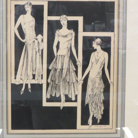 Appraisal: E Riggs pen Ink Art Deco ladies indresses of the