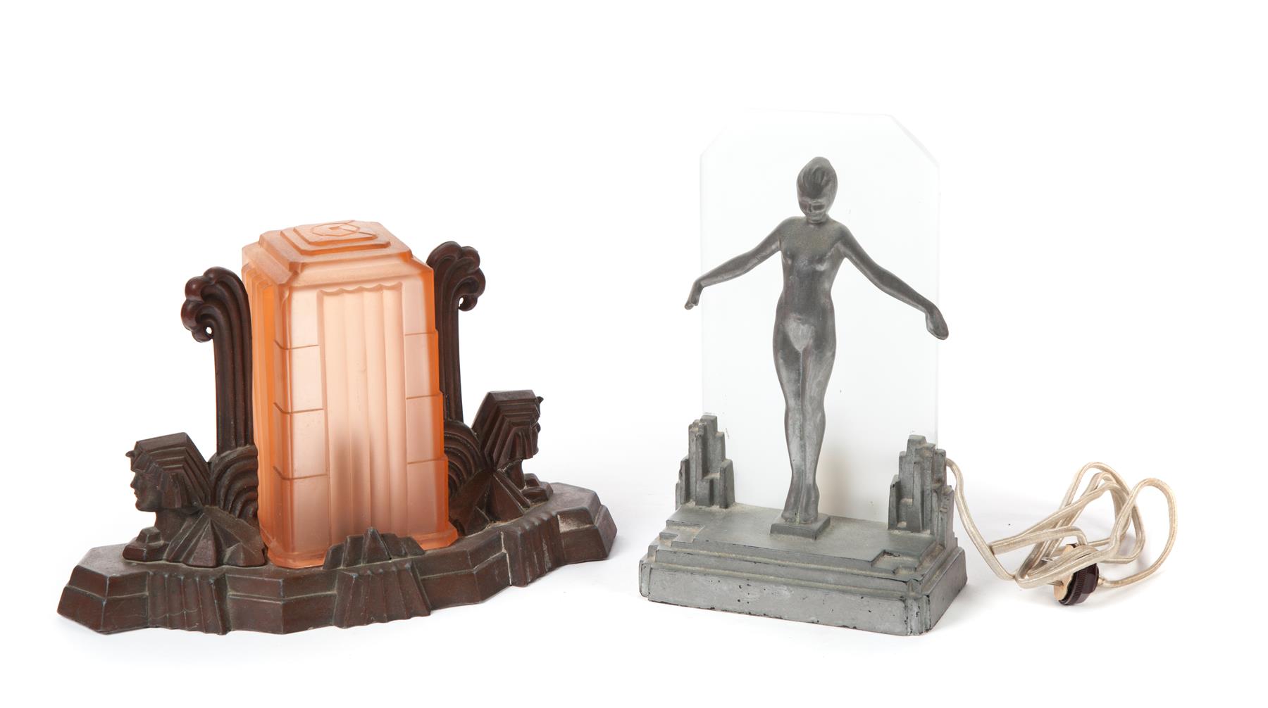 Appraisal: TWO ART DECO LAMPS Nude and an Egyptian-themed lamp h