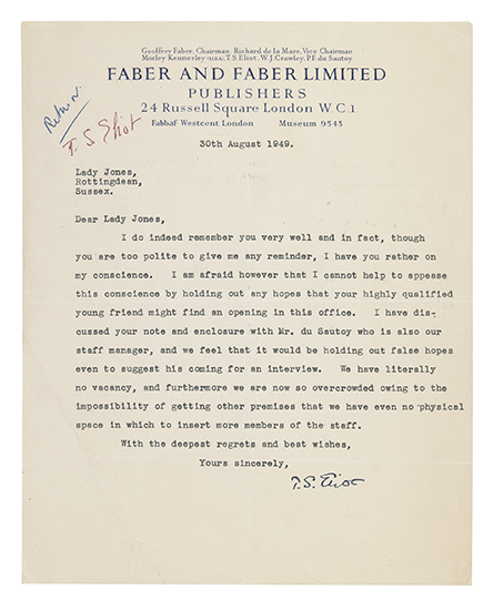 Appraisal: ELIOT THOMAS STEARNS Typed Letter Signed T S Eliot to