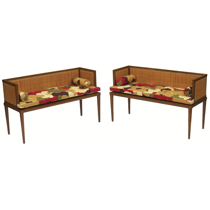 Appraisal: Baker benches pair s walnut frames with woven cane sides