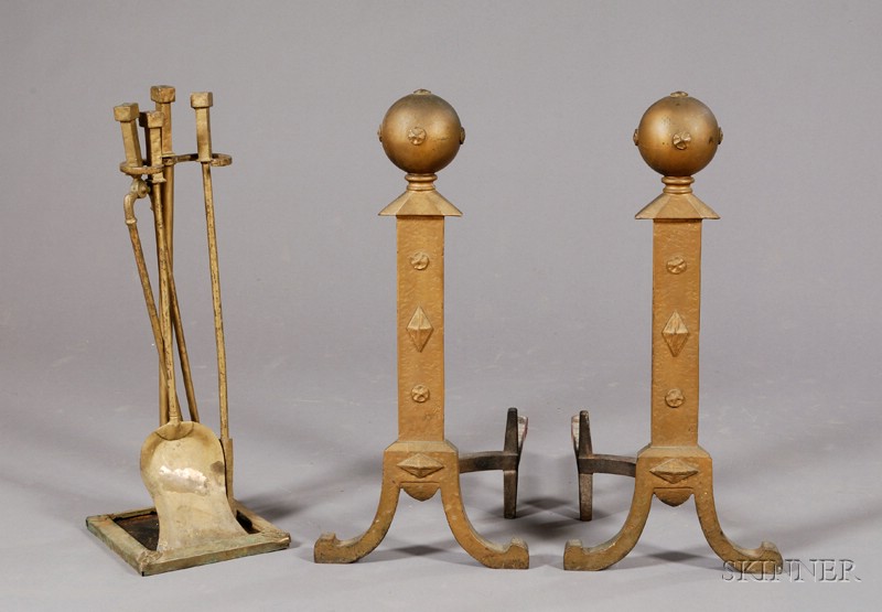 Appraisal: Bradley and Hubbard Arts Crafts Andirons and Tools Iron Meriden