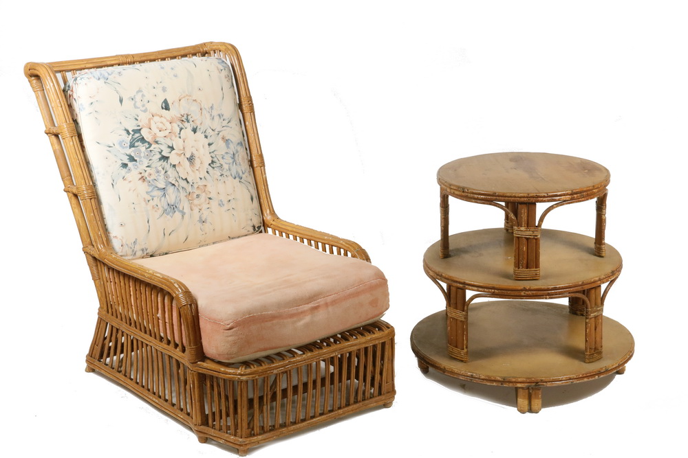 Appraisal: S RATTAN WINGCHAIR AND THREE-TIER STAND Natural Finish Patio Furniture