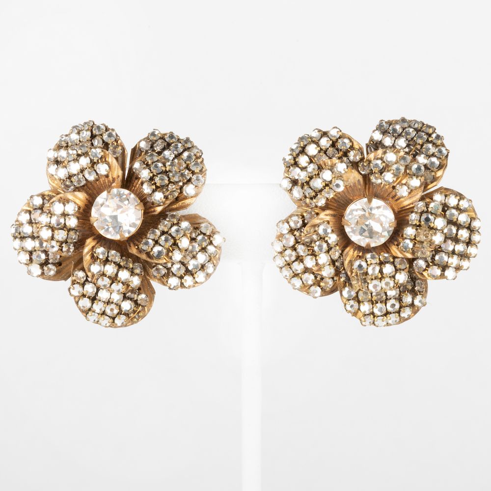 Appraisal: Pair of Miriam Haskell Floral Rhinestone Earclips Signed 'Miriam Haskell'