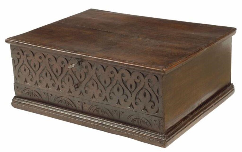 Appraisal: English carved oak bible box trim separation at sides approx