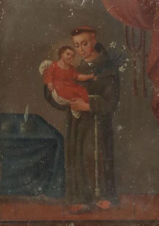 Appraisal: Framed oil on tin retablo San Antonio de Padua Saint