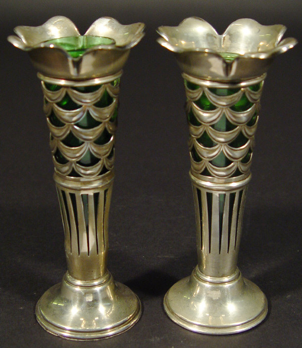 Appraisal: Pair of Liberty Co pierced silver bud vases with green