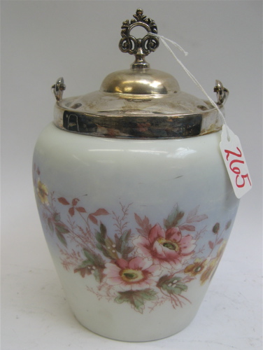 Appraisal: MERIDEN SILVER DECORATED GLASS BISCUIT BARREL in the style of