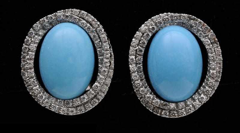 Appraisal: PAIR OF K WHITE GOLD SIMULATED TURQUOISE AND DIAMOND EAR