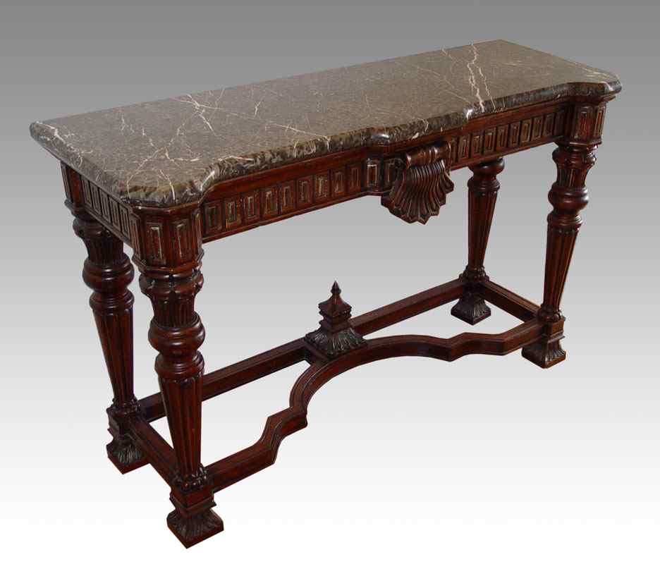 Appraisal: CARVED MAHOGANY MARBLE TOP FOYER TABLE BY HOOKER FURNITURE Variegated