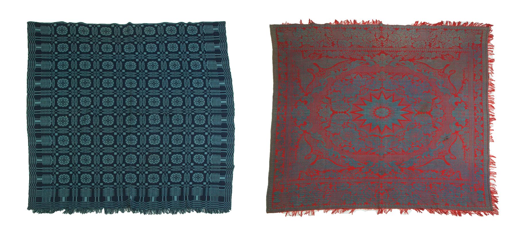 Appraisal: TWO AMERICAN COVERLETS Mid th century Red and blue Jacquard