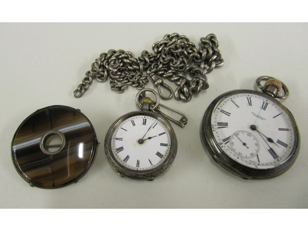 Appraisal: Lot comprising a silver pocket watch silver fob watch two