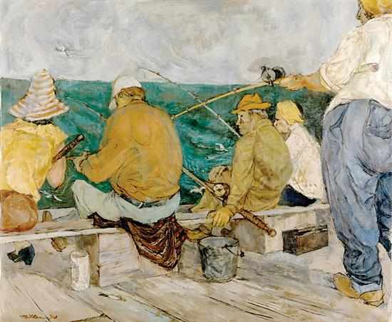 Appraisal: Miller American mid th century SUNDAY FISHERMEN oil on canvas