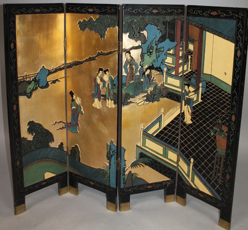 Appraisal: A thC lacquered Chinese low screen set with panels of