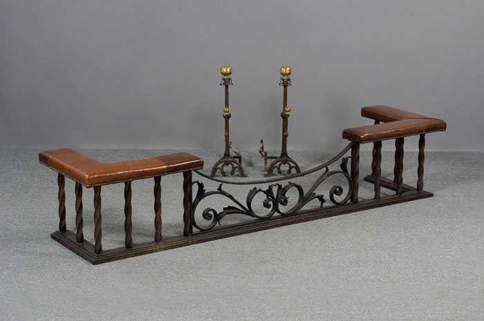 Appraisal: MONUMENTAL BAROQUE STYLE WROUGHT- IRON AND LEATHER FIRESIDE BENCH SURROUND