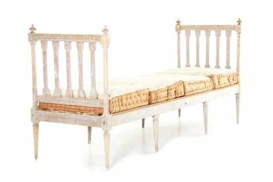 Appraisal: Swedish carved and painted daybed th century leaf finials over