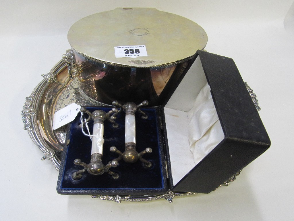 Appraisal: Lot comprising tea caddy cased knife rests and a salver