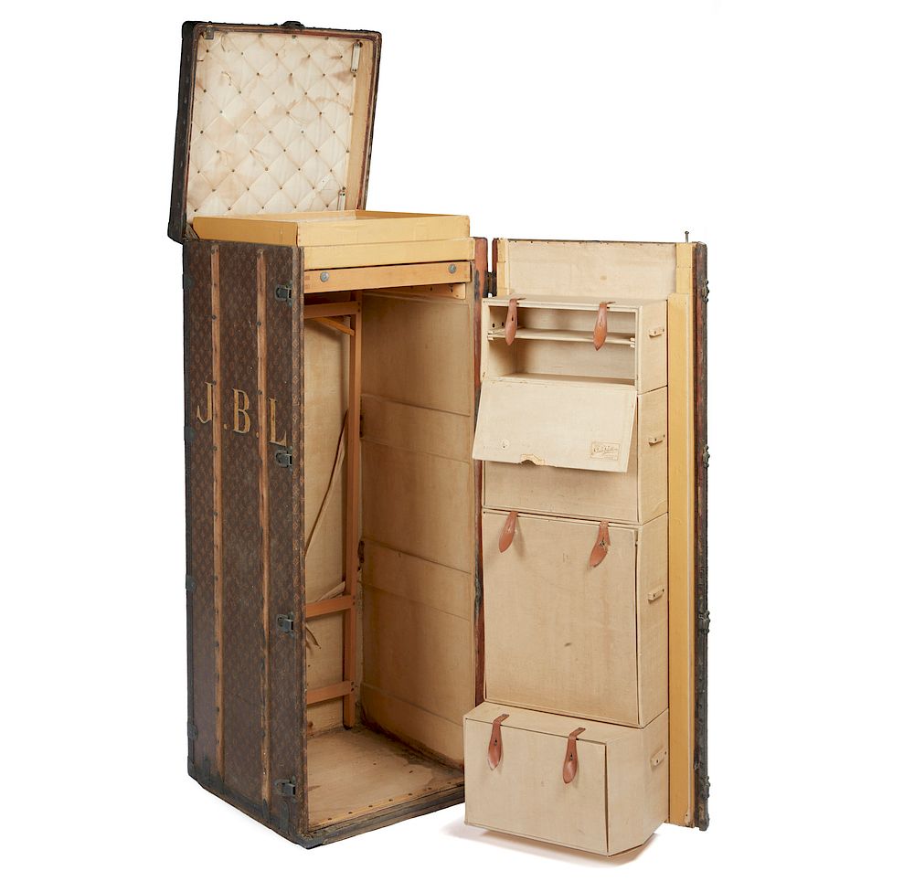 Appraisal: Louis Vuitton Wardrobe Trunk Louis Vuitton early th century wardrobe