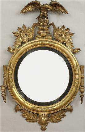 Appraisal: Regency-Style Carved Giltwood Convex Mirror with Two Candle Branches x