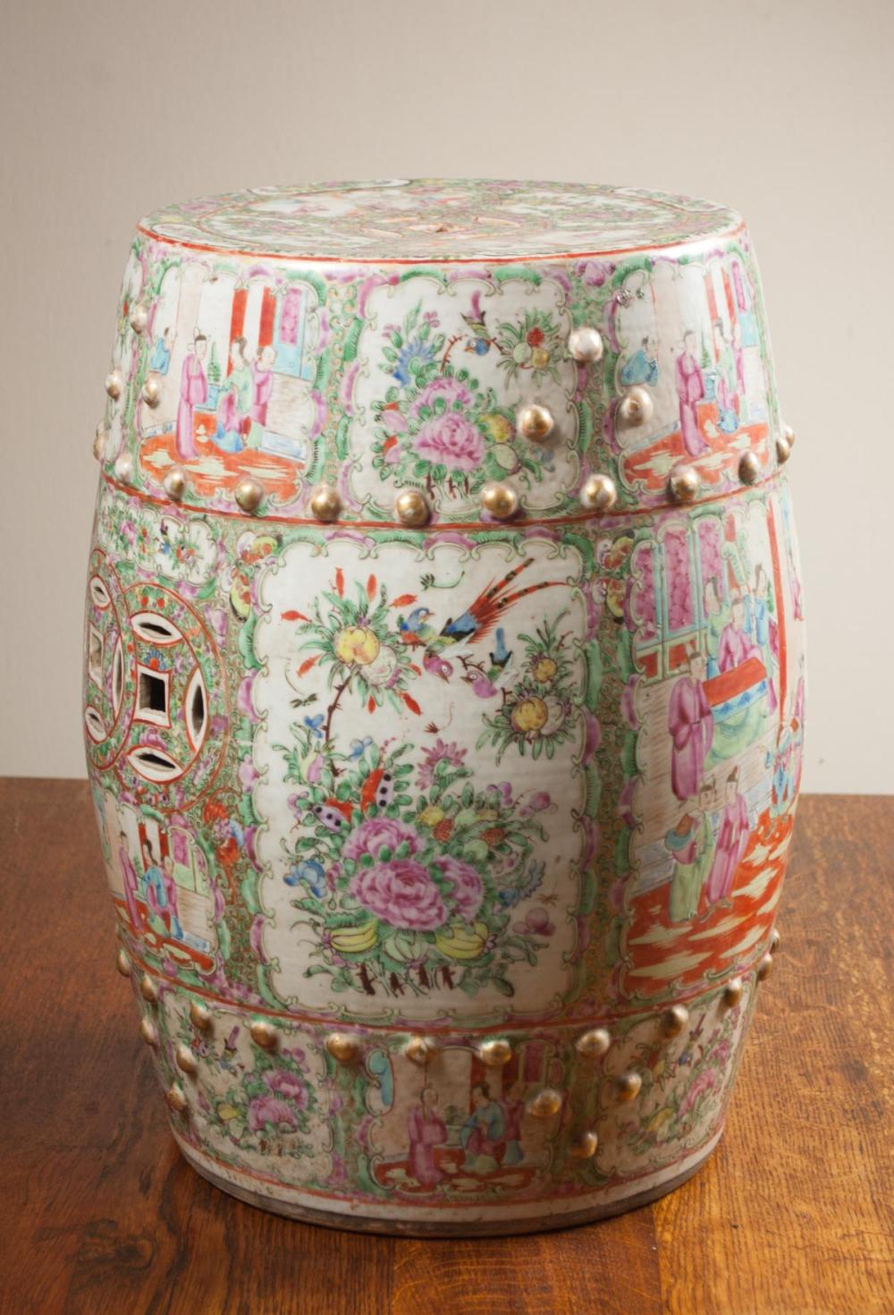 Appraisal: CHINESE ROSE CANTON EXPORT PORCELAIN GARDEN STOOL a round barrel-form