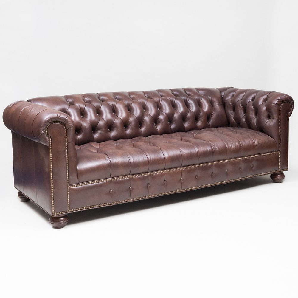 Appraisal: Brass Studded Brown Tufted Leather Sofa of Recent Manufacture x