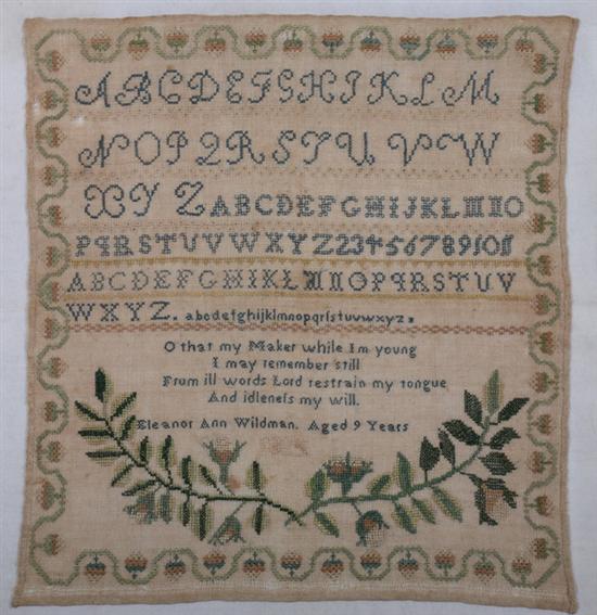 Appraisal: VIRGINIA SCHOOLGIRL NEEDLEWORK SAMPLER worked by Eleanor Ann Wildman aged