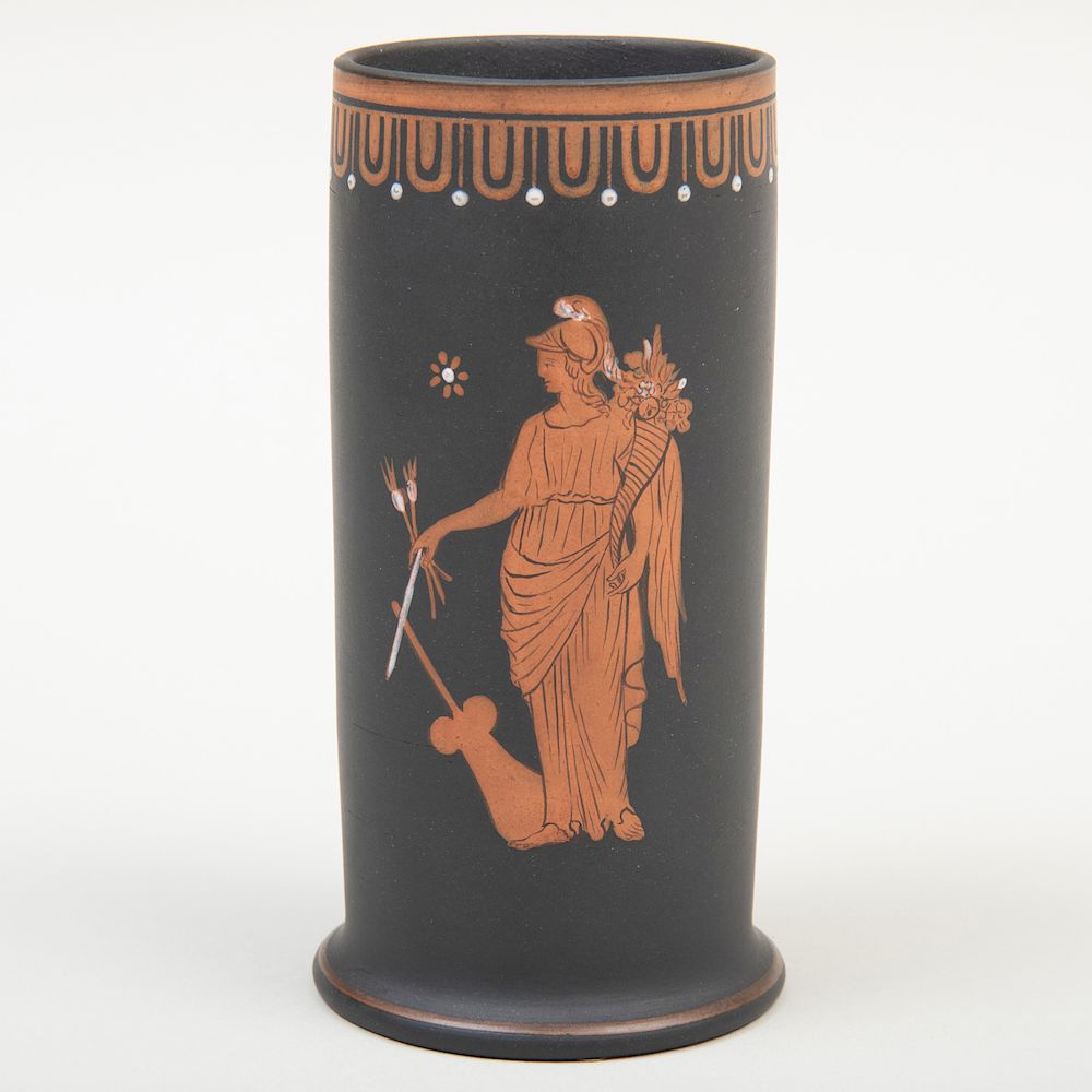 Appraisal: Wedgwood Black Basalt Encaustic Decorated Spill Vase Apparently unmarked painted