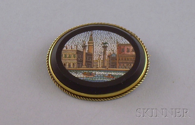 Appraisal: Italian kt Gold-Framed Micromosaic Pin featuring a view of Venice