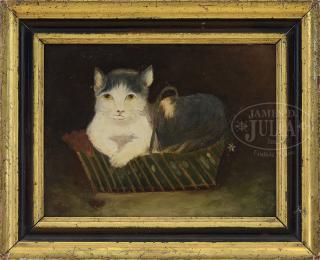 Appraisal: WONDERFUL PRIMITIVE PAINTING OF A CAT RESTING IN BASKET WONDERFUL