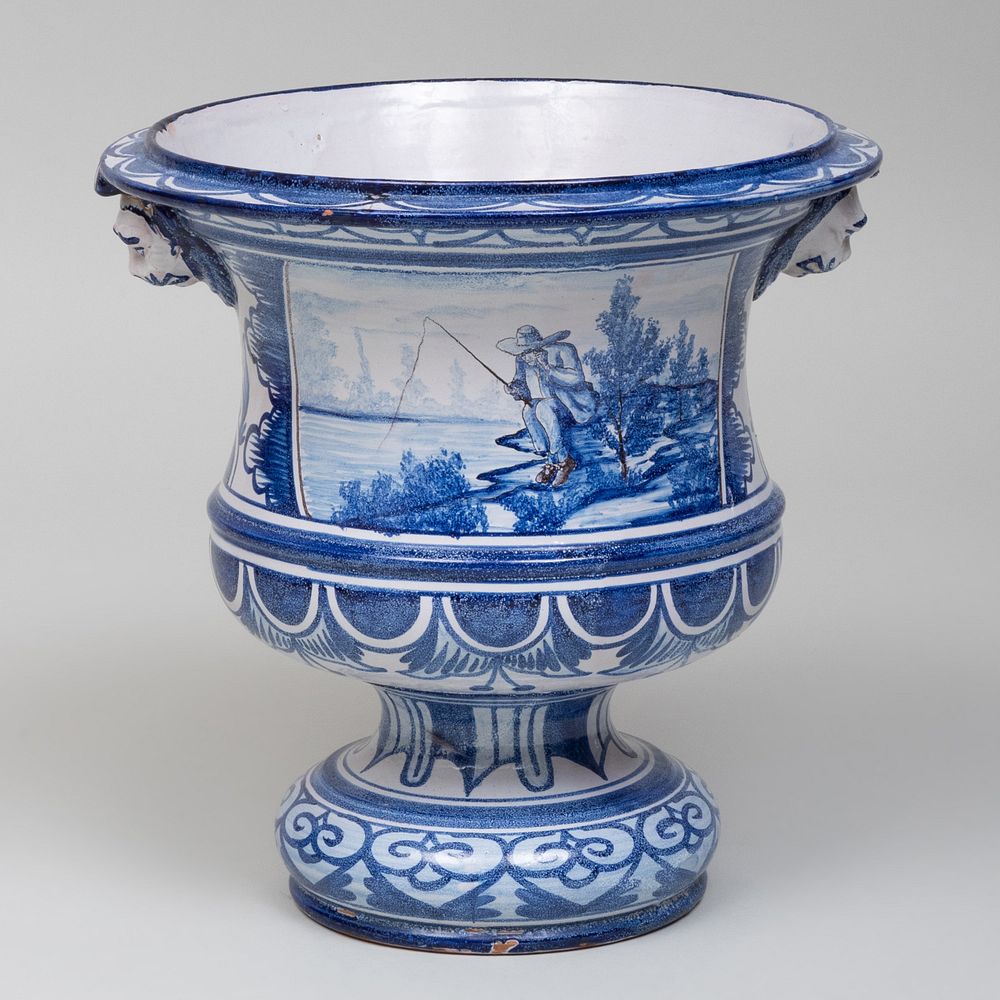 Appraisal: French Blue and White Faience Urn Painted mark x in