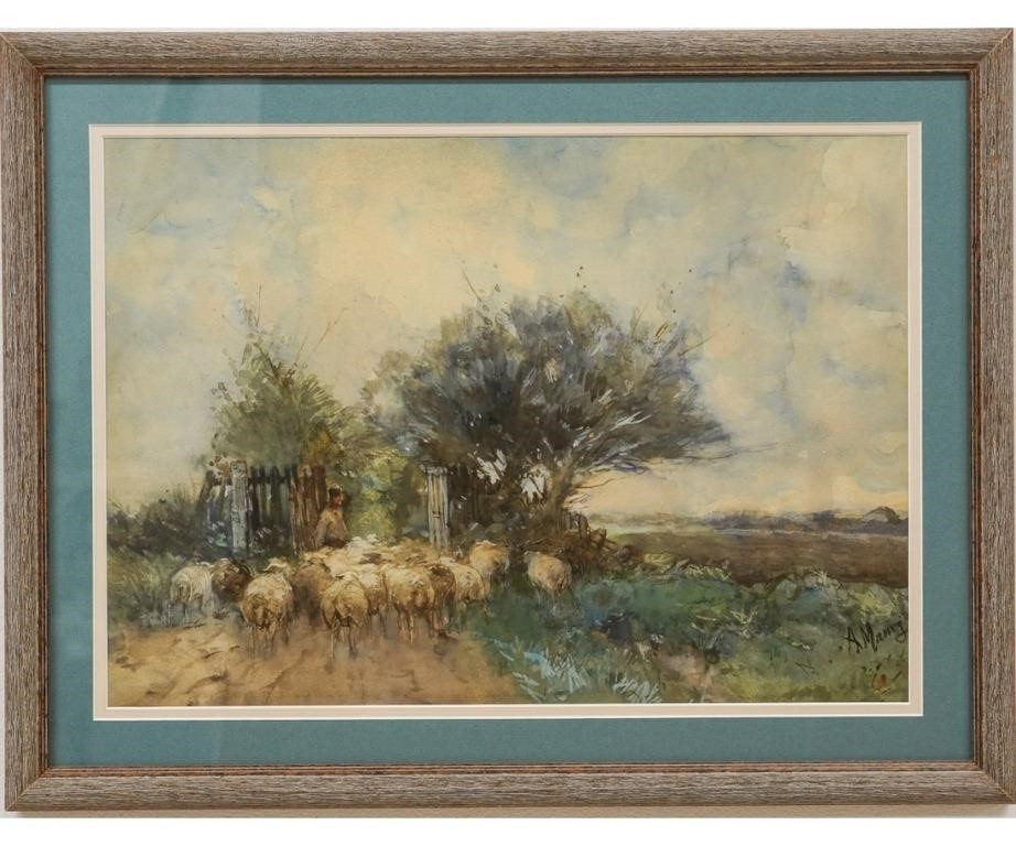 Appraisal: A Maning framed and matted watercolor of a sheep herder